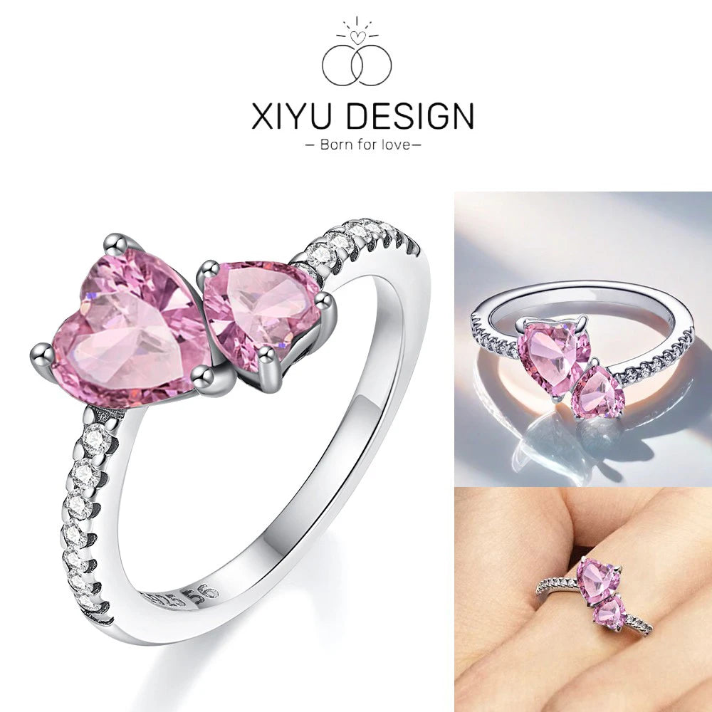 New 925 Silver Shining Red Double Love Ring Zircon Original S925 Finger wedding Ring DIY Women Fine Jewelry Gift