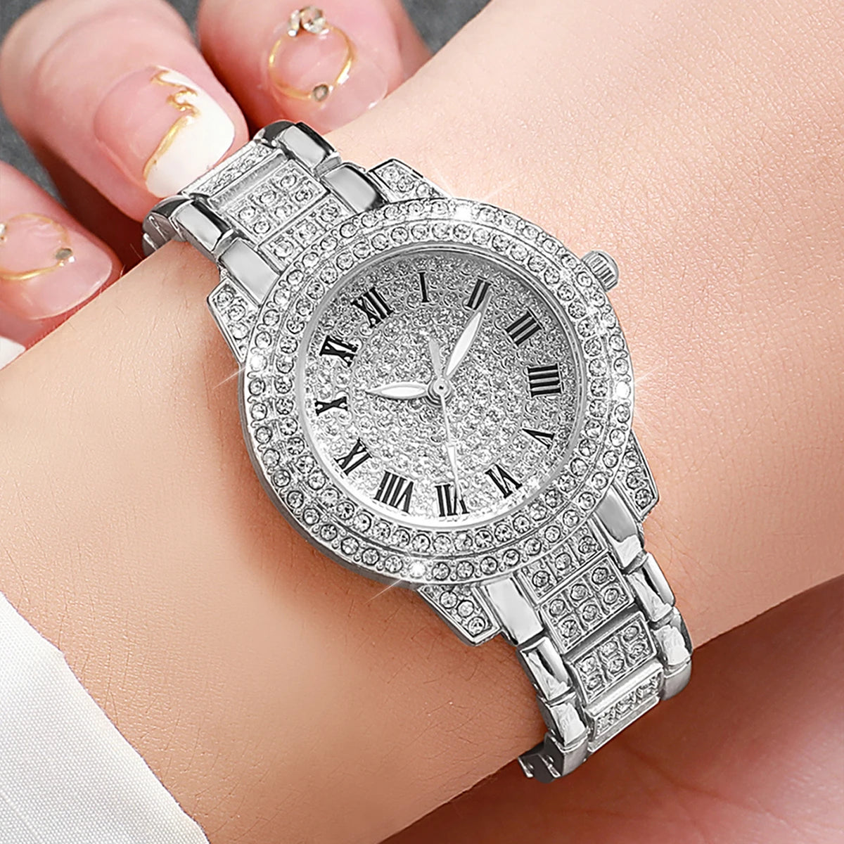 Damen-Uhren 2025: 2PCS Fashion Diamond Gold - Luxury Rhinestone Bracelet Watches Ladies Collection