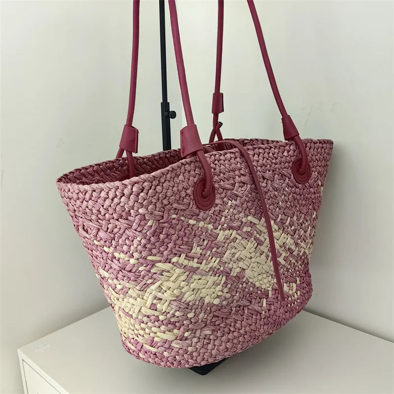 Summer Seaside Beach Bag Hand-woven Large Capacity Straw Tote Bag Gradient Color Design Women 's Travel  Vacation Shoulder Bag