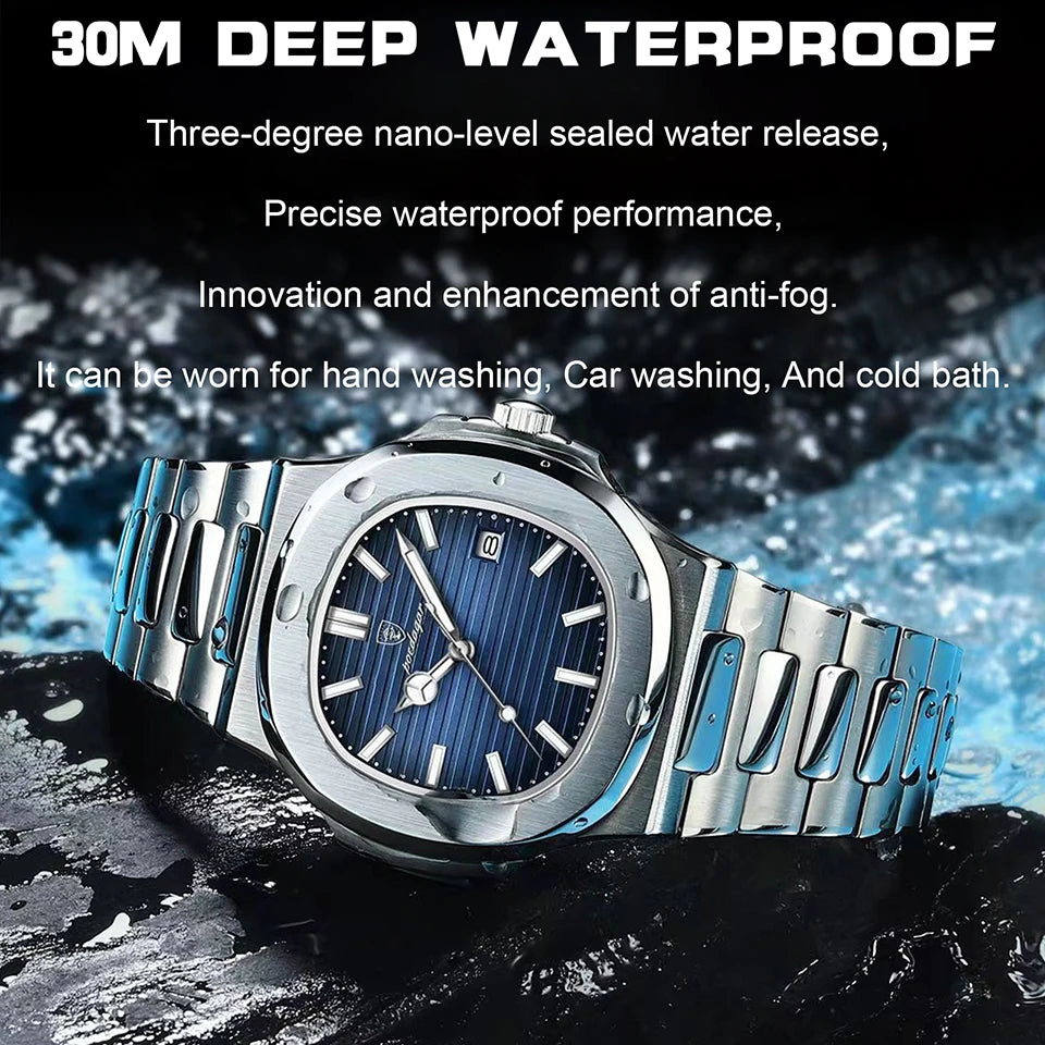 POEDAGAR Luxury Watch 2024 New Business Waterproof Male Clock Luminous Date Stainless Steel Square Quartz Men Watch reloj hombre