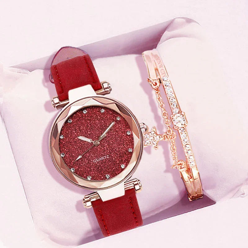 Casual Uhren Damen Romantischer Sternenhimmel - Uhr Armband Leder Strass Designer - Damen Uhr Einfaches Kleid Geschenk