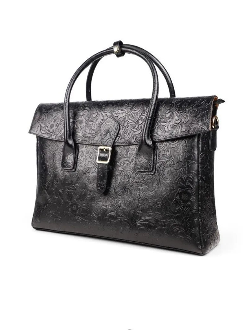 Vintage flower carved leather bag  single shoulder briefcase & business satchel