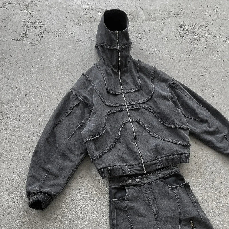 Washed Denim Jacket Y2K American Double Zipper Stitching Flanging Design Streetwear Gothic High Street Oversized Unisex Pullover