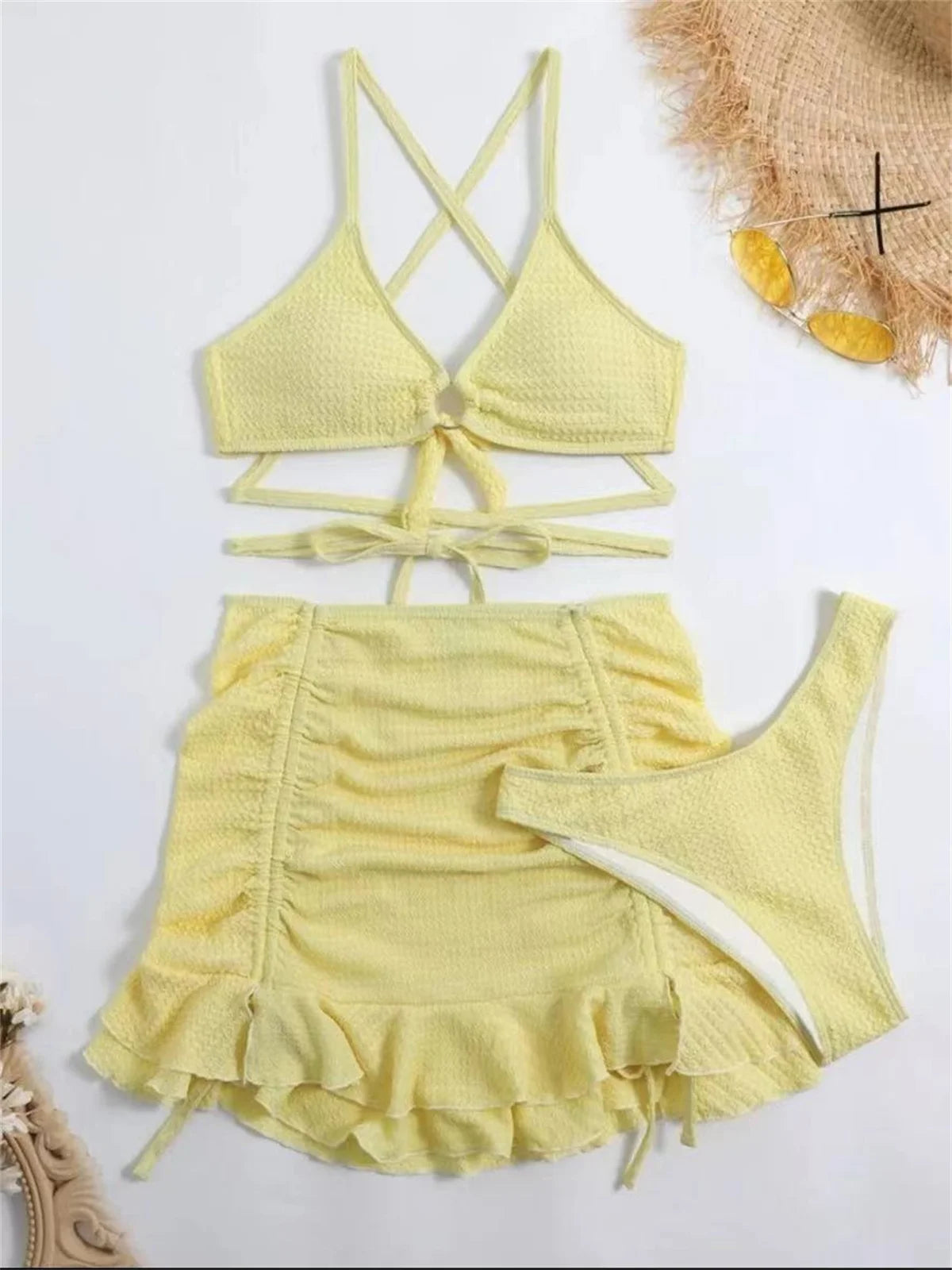 Elegant Gelber Bikini: Daxiyee Solid Halter Ring Wire-Free Low Waist - Criss Cross Cover Up 3 Teilig Rüschen Rock Office Lady
