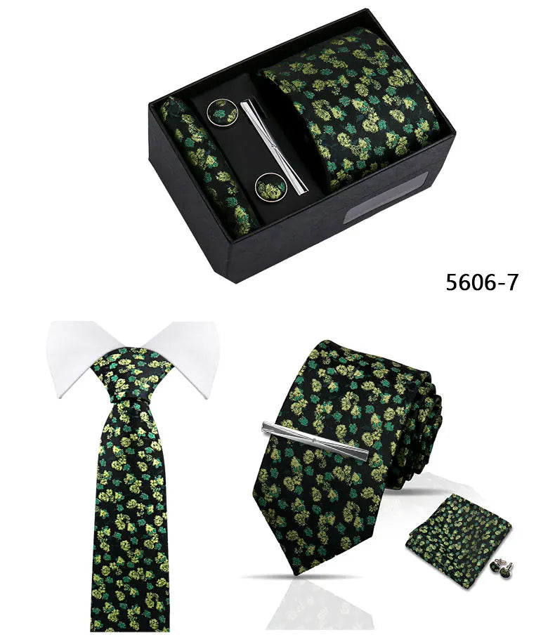 Elegant Men's Suit Necktie Gift Box Set Floral Tie Handchief Cufflinks Tie Clip 4-Piece Business Wedding Party Suit Accessories
