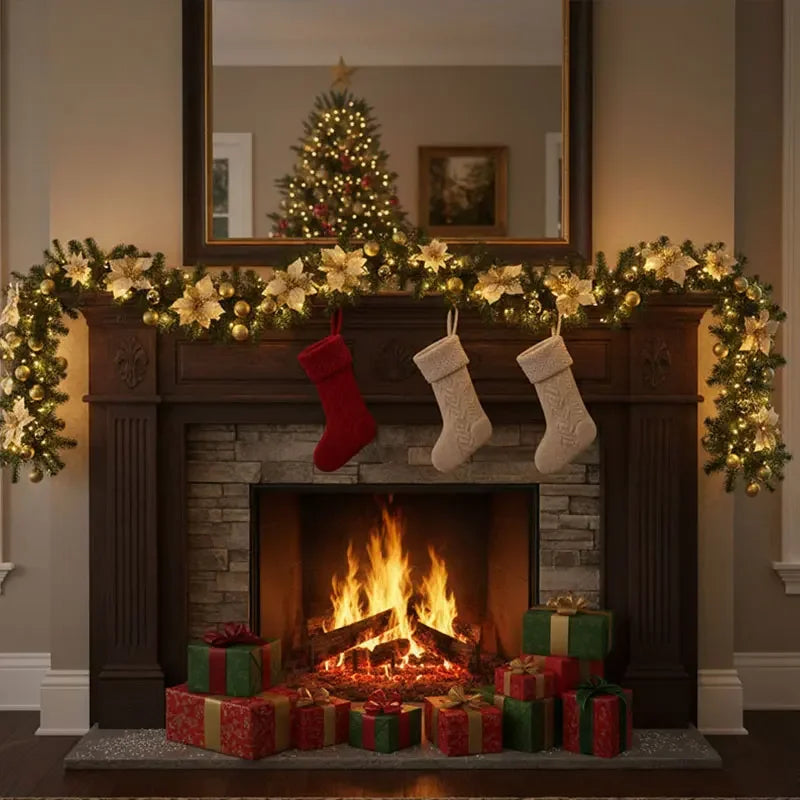 Weihnachts-LED-Rattan-Girlande, 270 cm künstlicher Kranz mit Lichtern für Weihnachtsbaum, Haustür, Kamin, Treppen, Zuhause, Party-Dekoration