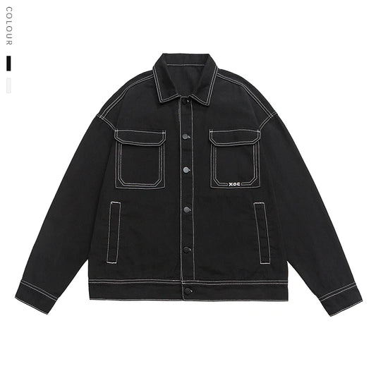 Men's Fashion Baggy Denim Jacket Streetwear Large Pocket Contrast Design Oversized Black White Washed Denim Coats Autumn 4XL 5XL
