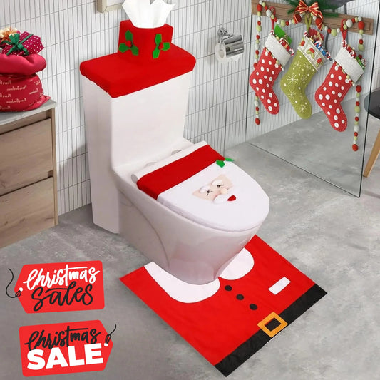 1-5Sets Christmas Toilet Seat Cover Santa Claus Bathroom Decor Set with Toilet Lid Mat and Tank Cover for Holiday Home Decor