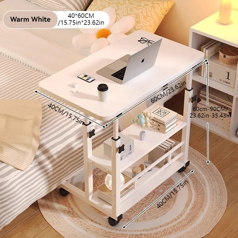 Three-layer Multifunctional Folding Desk with Wheels, Adjustable Height and Storage Shelves，Suitable for Bedroom, Outdoor Office