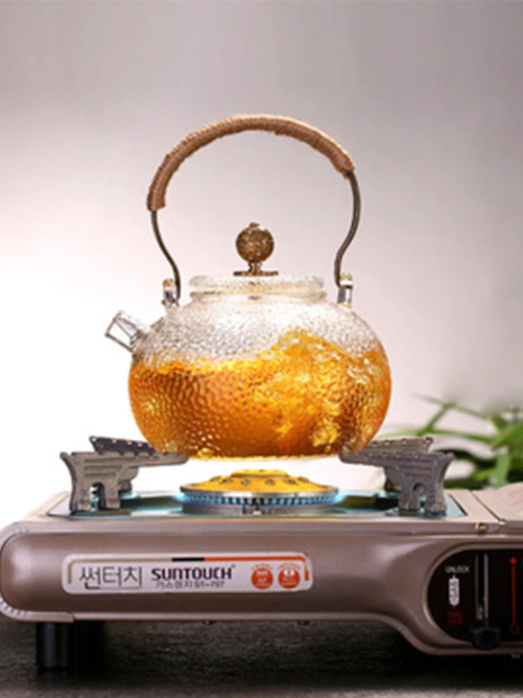 Ceainic de sticlă rezistent la temperaturi ridicate, set de ceai, ceainic de flori cu textură ciocănită manual, cu mâner pentru a face ceainic Gaiwan Pu Erh