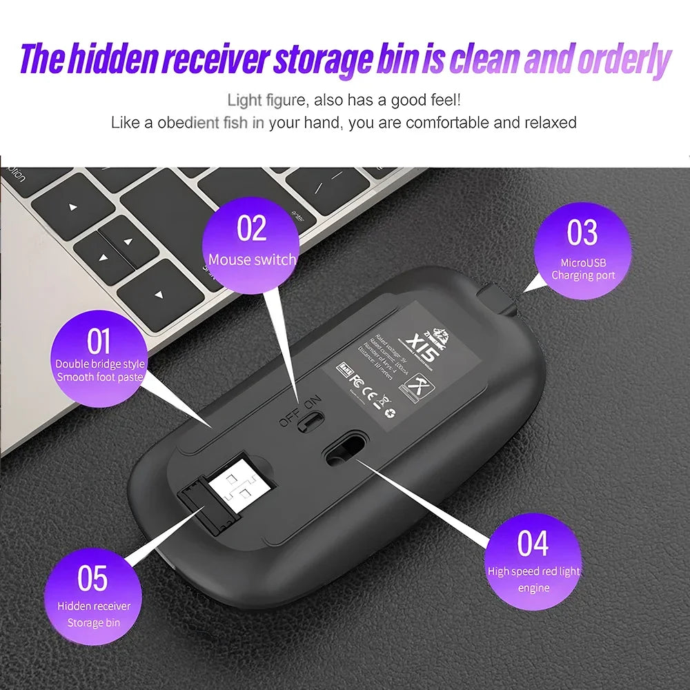 Dual-Mode-Wireless-Maus Bluetooth-kompatibel LED-Rechargeable Laptop-Maus Portable Computer-Mäuse für Laptop iPad Tablet