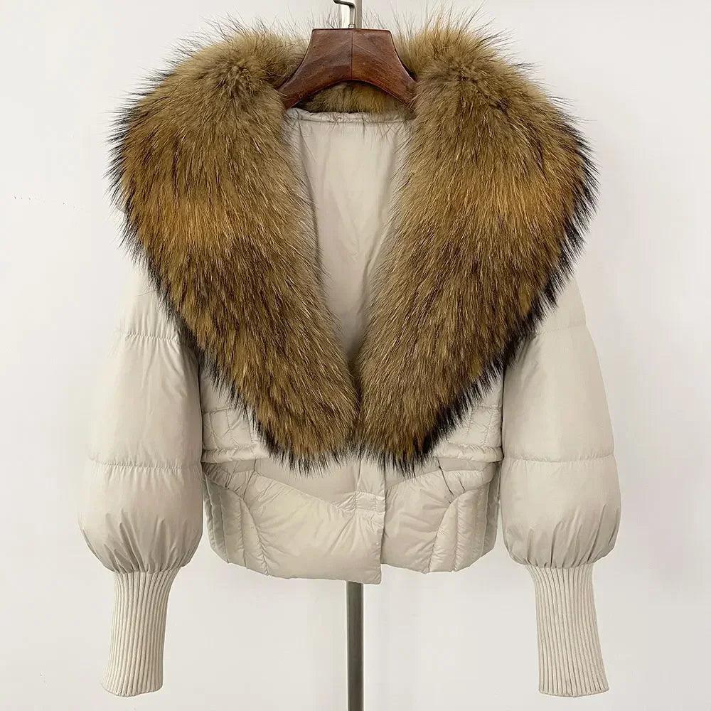Winter girls jacket with real raccoon fox fur loose fit coat