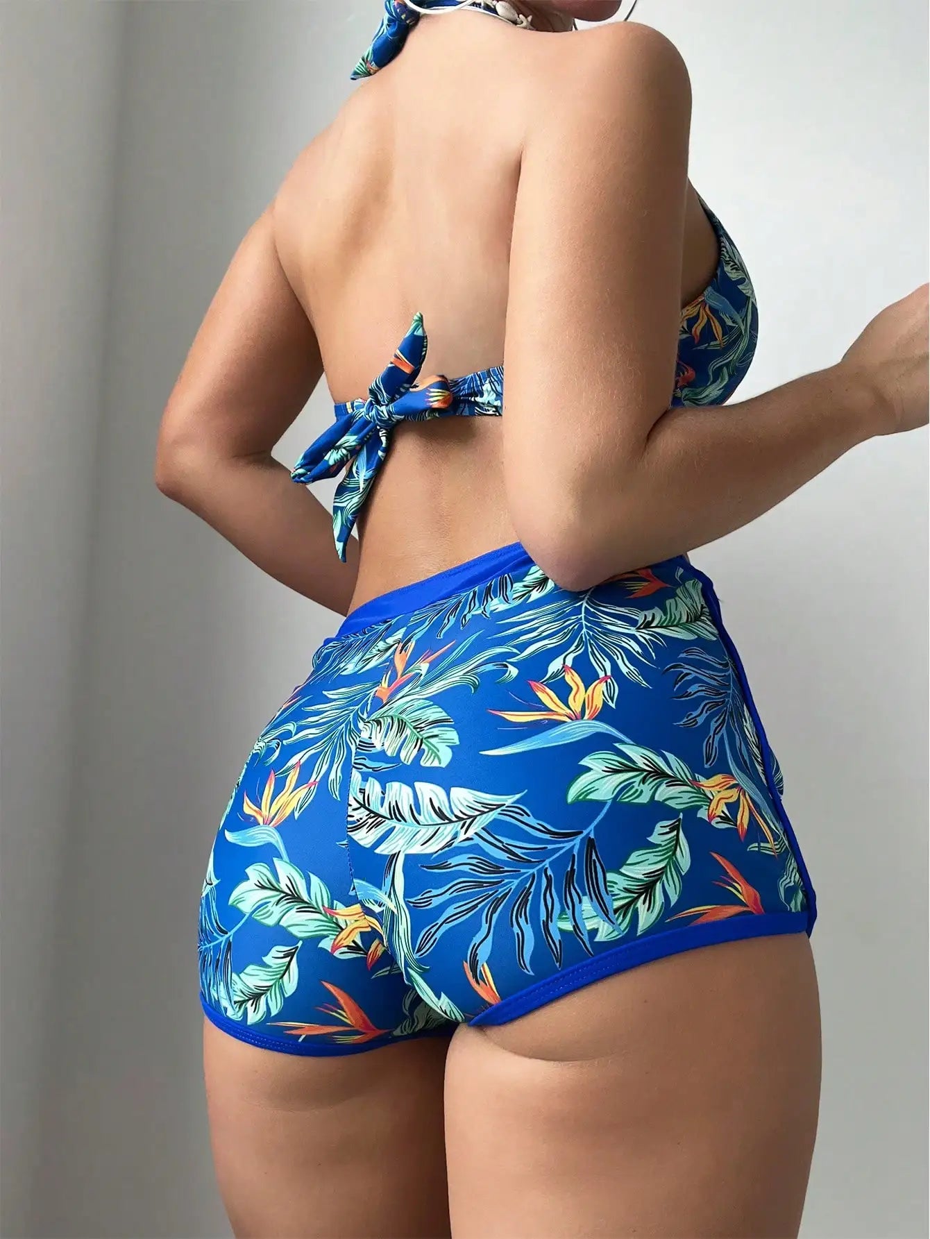 Halter Bikini Set Kurzer Schwimmanzug Frauen High Waist Bedruckte Bademode