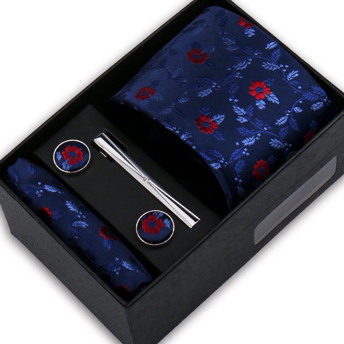 Elegant Men's Suit Necktie Gift Box Set Floral Tie Handchief Cufflinks Tie Clip 4-Piece Business Wedding Party Suit Accessories
