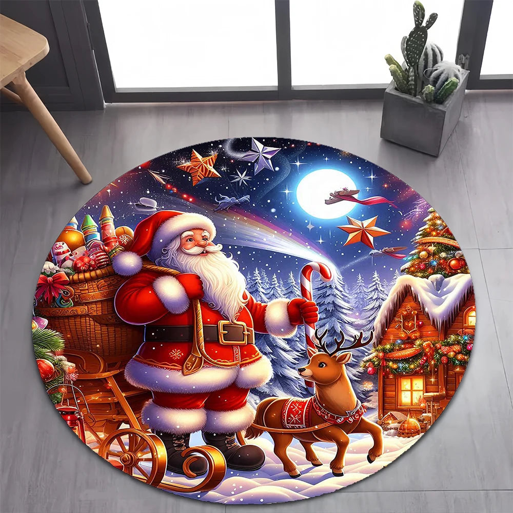 Cute Santa Claus Merry Christmas Tree Cartoon Festival Gift Round Carpet Rug for Bedroom Living Room Decoration,Decor Floor Mat