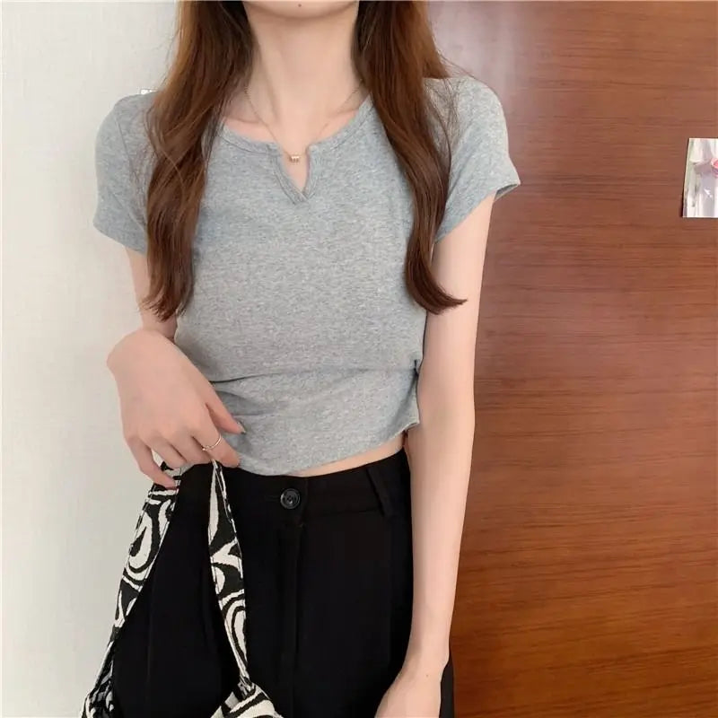 Damen Crop Top 2025 - Summer Short T-shirt V-neck Solid Color Slim High Waist