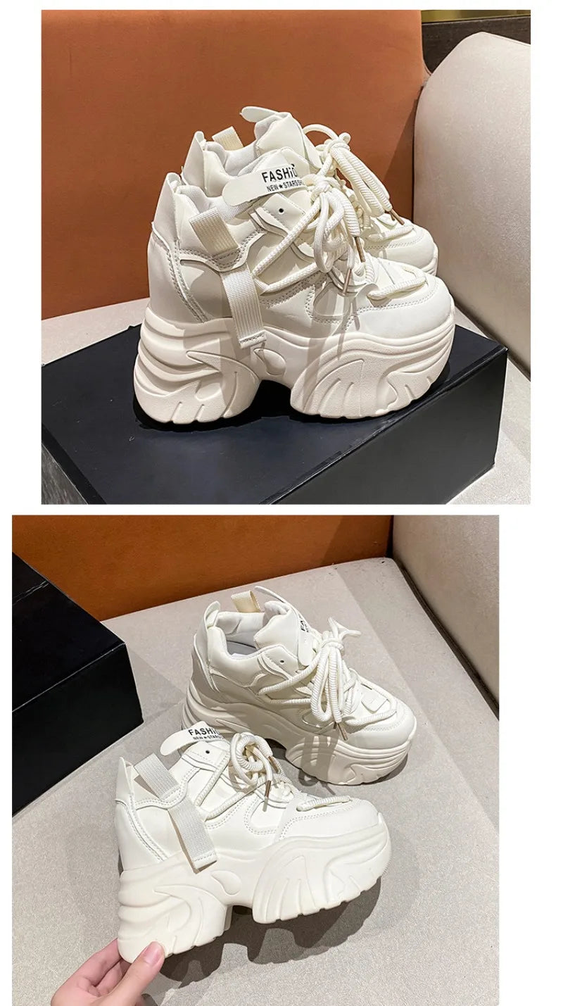 Women Walking Sneakers Autumn Lace-up High Platform Chunky Shoes Breathable Leather Shoes 10.5CM Winter Wedge Heels Casual Shoes
