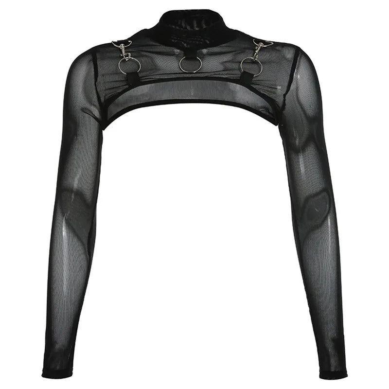 Women T-Shirt Sexy Hip Hop Gothic Lady Micro Short Metal Chain Lace See-through Mesh Long Sleeve Turtleneck Hot Tops