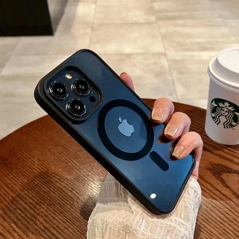 Luxury safe transparent case for iphone,Wireless charge magnetic bumper cover