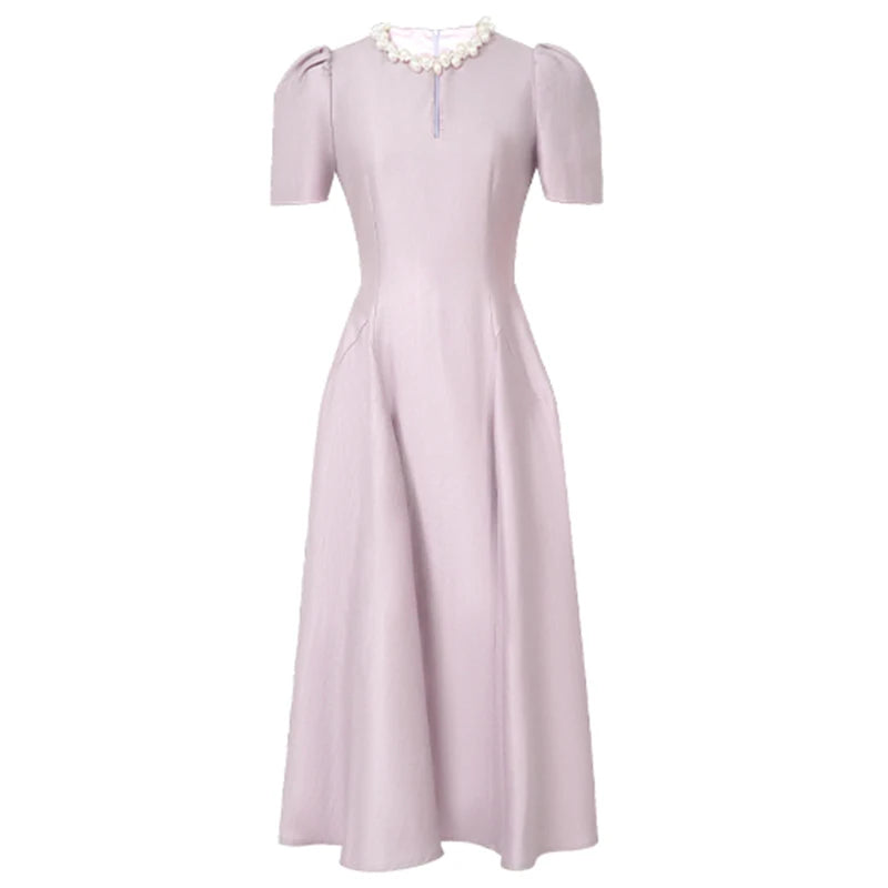 Elegant Host Evening Dress Women's French Vintage Sweet Pearl Hollow Folds Swing A-LINE Long Robe Party Catwalk Prom Vestidos