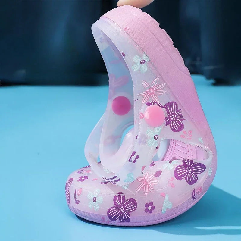 Women's Pink Floral & Butterfly Print Transparent T - Strap Jelly Sandals - Comfortable & Stylish Summer Printed Hole Shoes