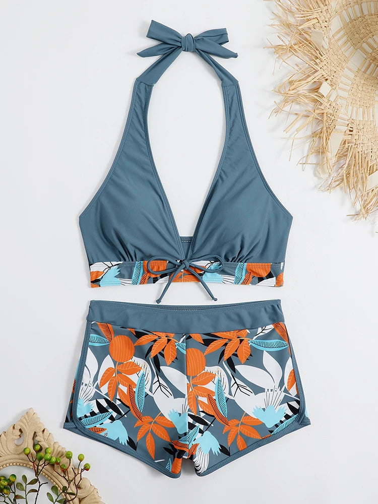 Halter Bikini Set: High Waist Design Wire-Free Support Spandex Polyester - Kurzer Schwimmanzug Frauen Bedruckte Bademode Polsterung Strandmode