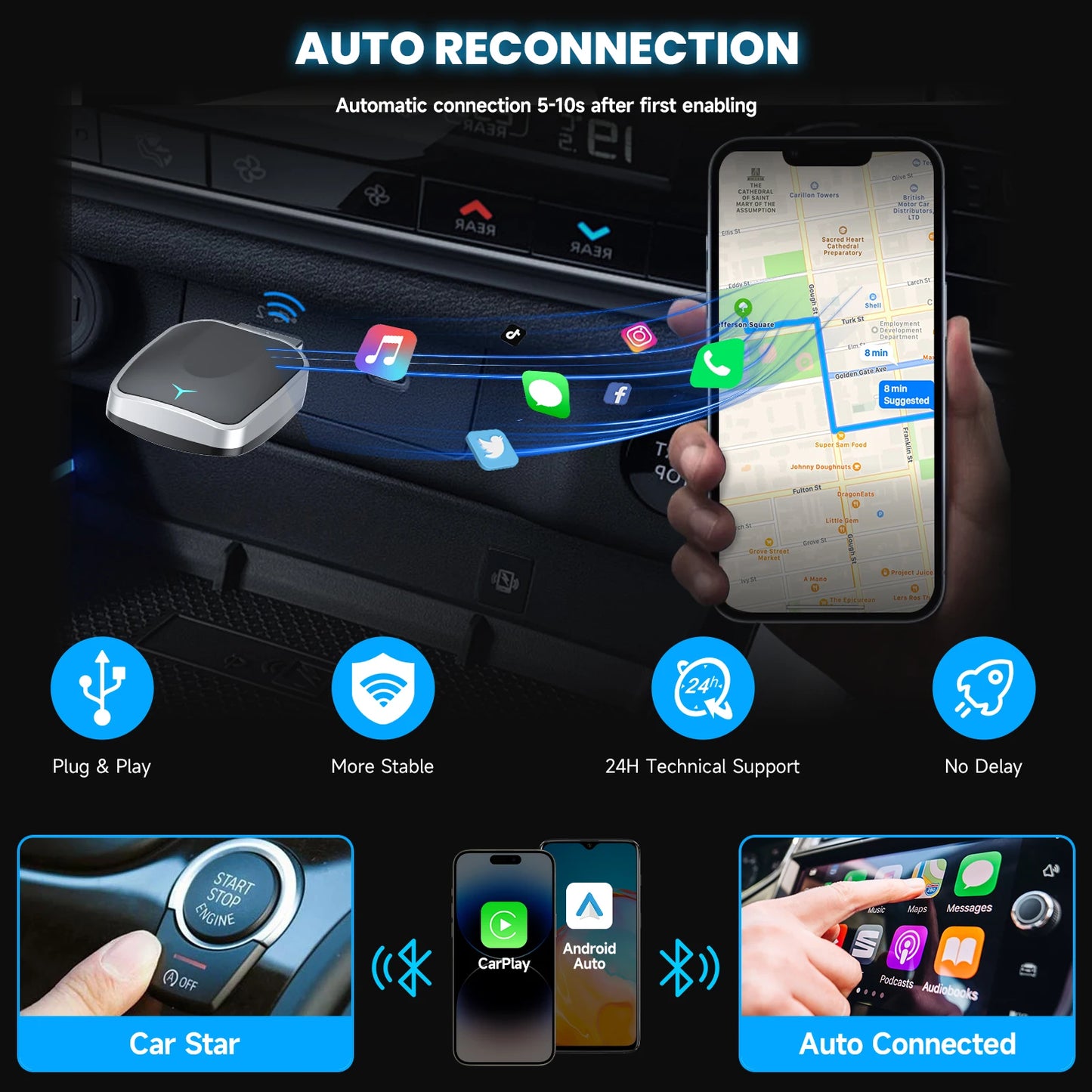 Spedal 2in1 CarPlay Android Auto Kabellos - Plug 5V Mini