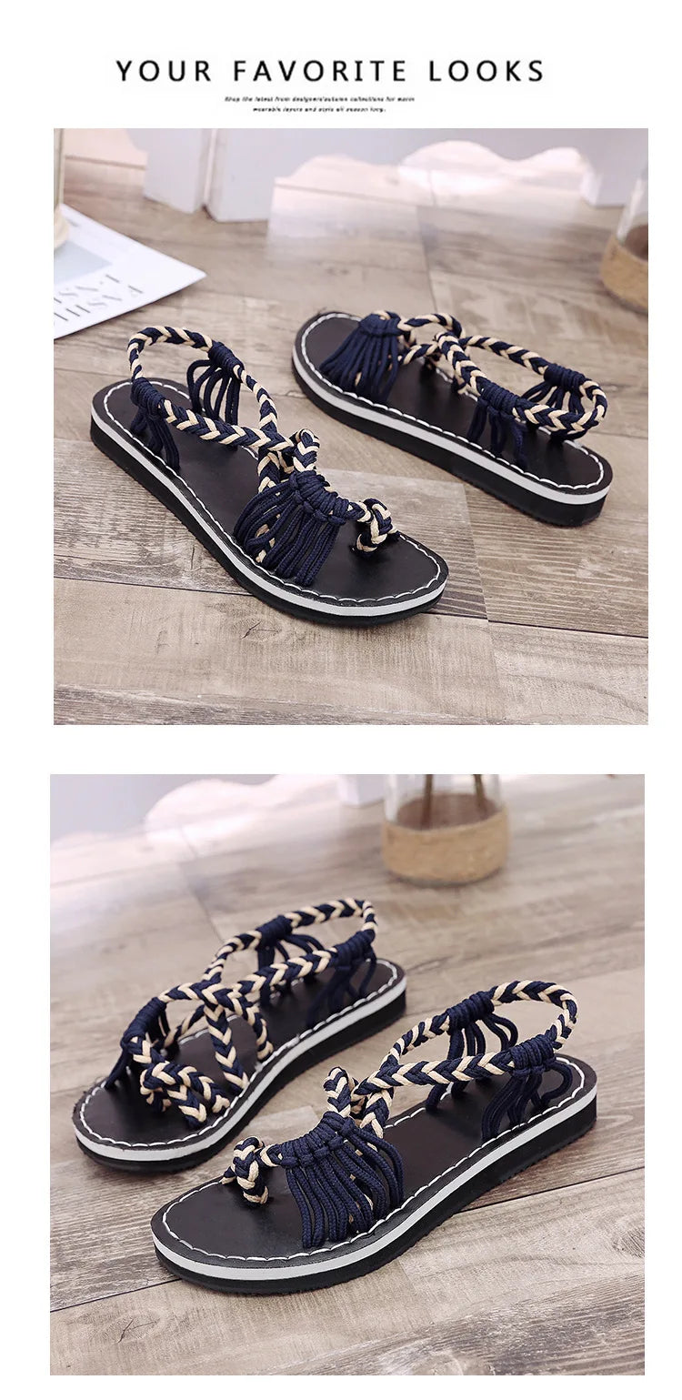 Women Summer Flip Flop Sandals Shoes Mixed Color Matching Rope Knot Beach Toe Roman Sandals Casual Comfortable Plus Size Shoes
