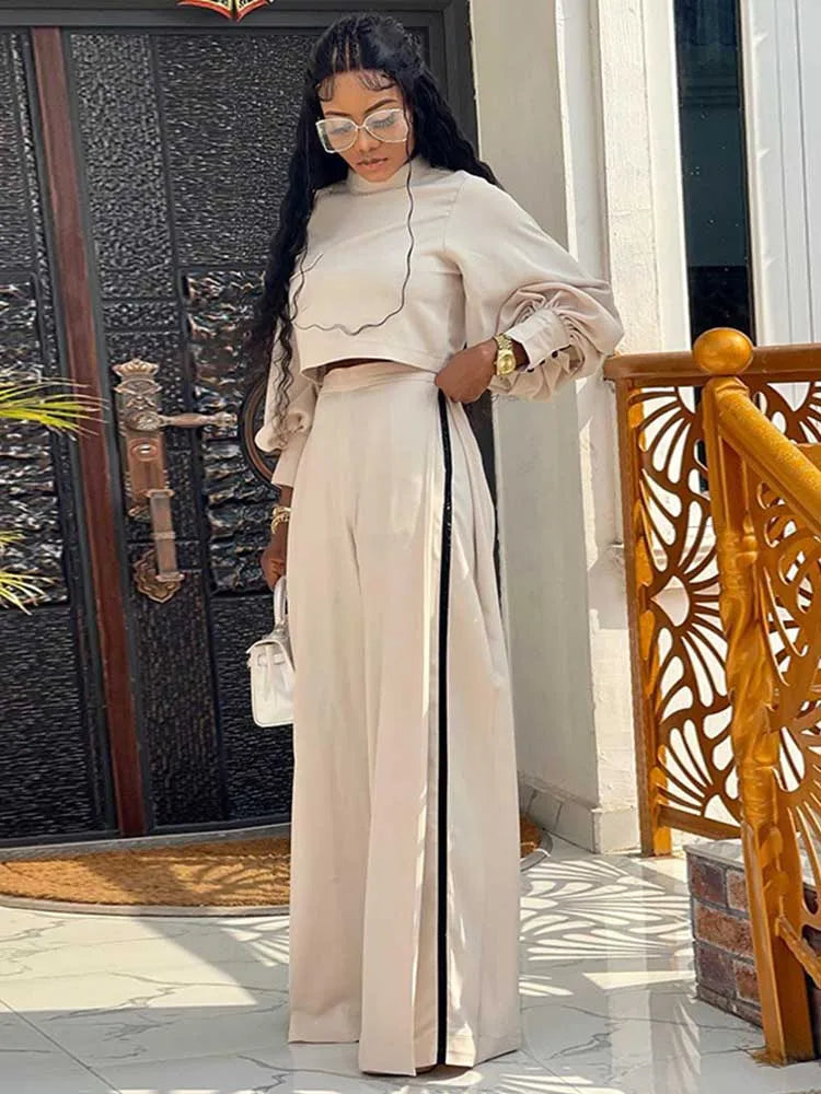 Elegant Women's Sets Two Pieces Solid Color Set Autumn Spring Piece Long Sleeve Loose Blouse and Pants Female Suit Bourgeois
