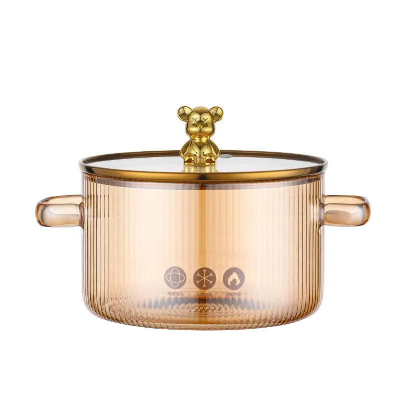 HighBorosilicateGlass Thickened PotHouseholdConvenient Bear Soup Pot with Lid Double Ear Soup Glass Pot Instant Noodles Milk Pot