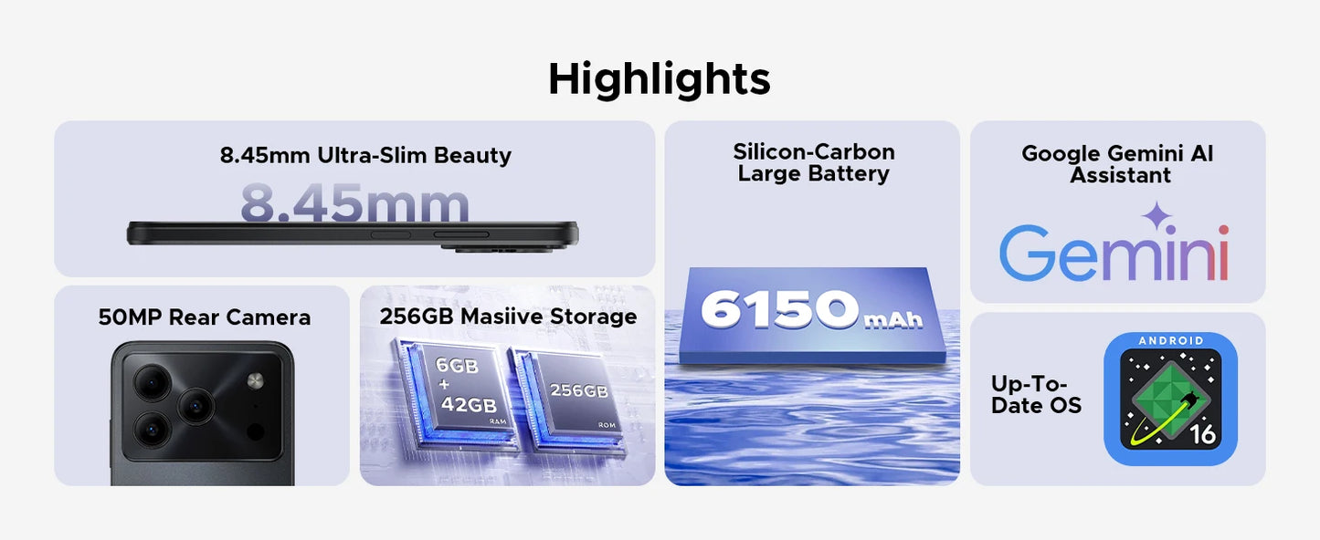 DOOGEE Note56 Plus Großer Akku - 6150mAh, 18W, 163,8x75,8x8,45mm