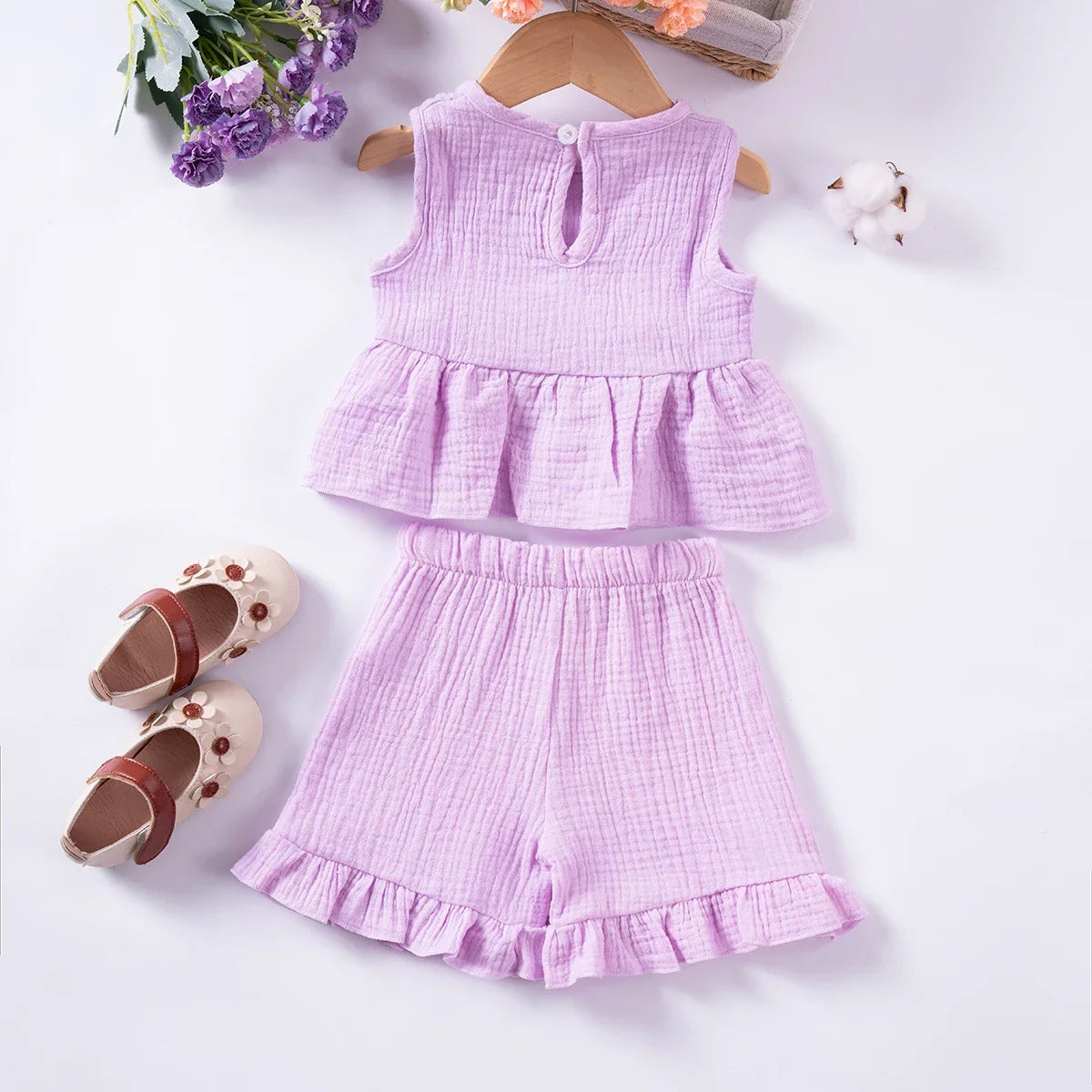 Toddler Girls Muslin Cotton Suits Solid Color Bow Vest+Shorts 2pcs Clothes Sets Sleeveless Cute Casual Baby Girls Outfits