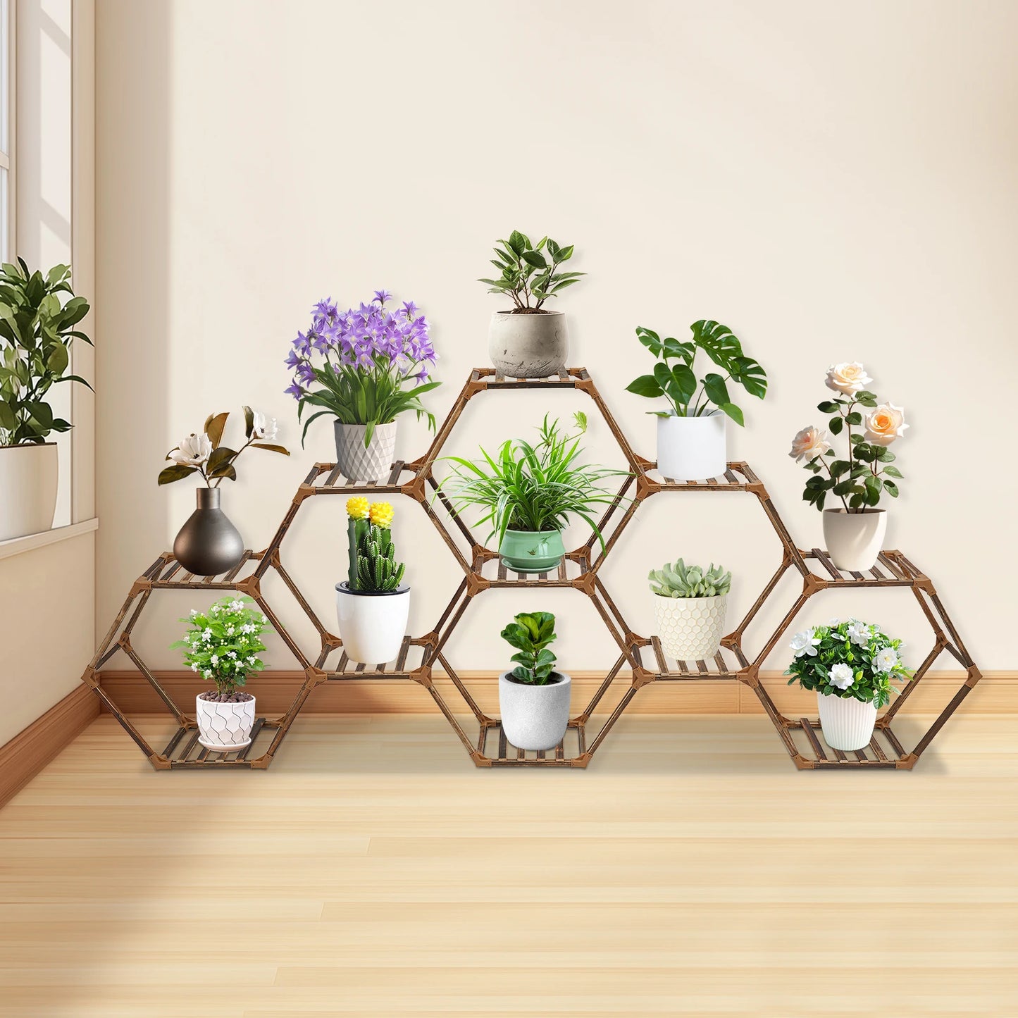 HolzKraft Blumenregal 11 Ebenen Holz Hexagonrahmen Innenbereich
