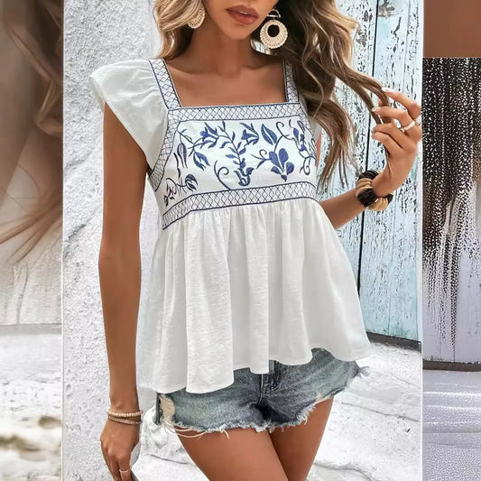 White Floral Embroidered Square Neck Peplum Blouse Shirts For Women Vintage Flying sleeves Casual Summer Boho Beach Ladies Tops