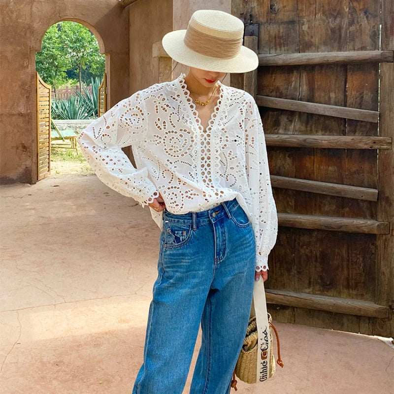 Floral Eyelet Embroidery White Blouse Women's Long Sleeve V-Neck Casual Cotton Shirt 2025 Spring/Summer New in Holiday Clothes
