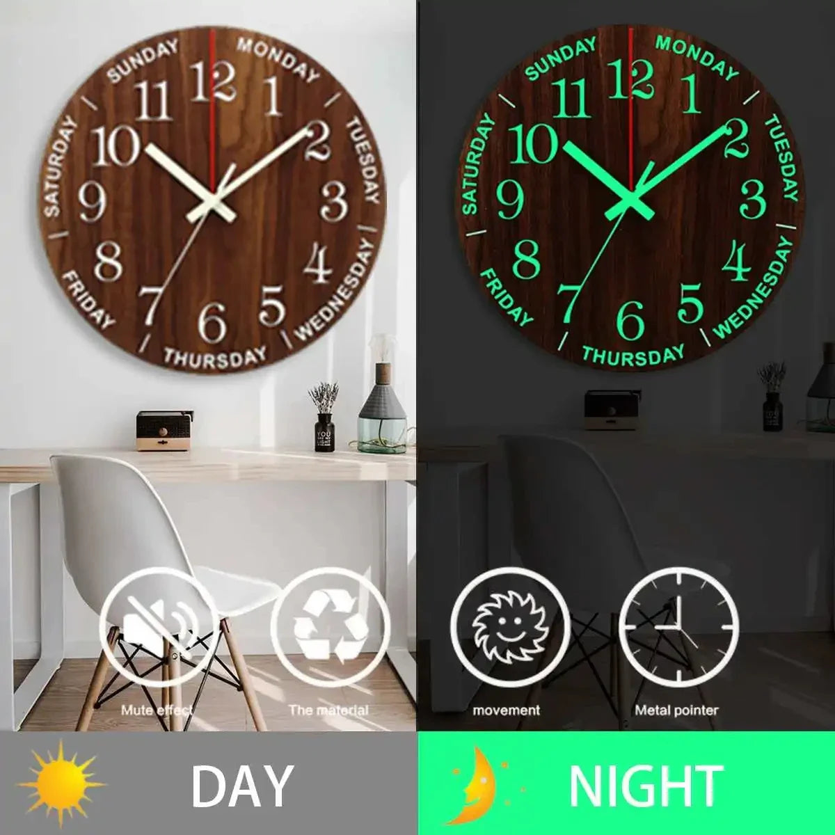 Nordic 12 Inch Luminous Wall Clock Wood Silent Light in Dark Night Fashion Wall Clock Non Ticking Clock with Night Light