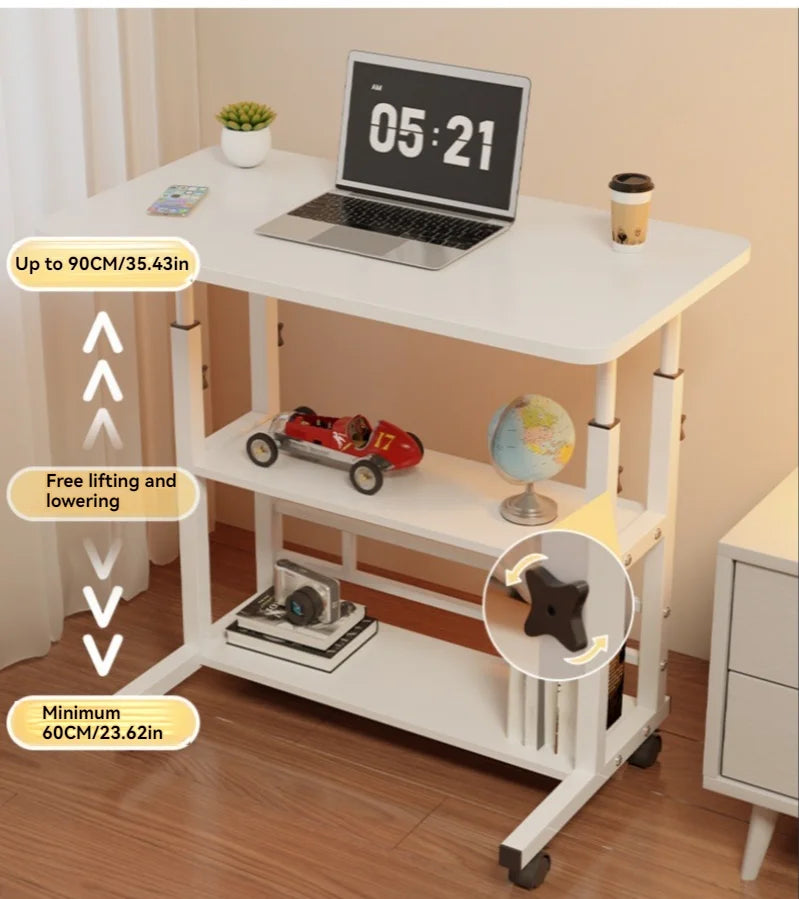 Three-layer Multifunctional Folding Desk with Wheels, Adjustable Height and Storage Shelves，Suitable for Bedroom, Outdoor Office