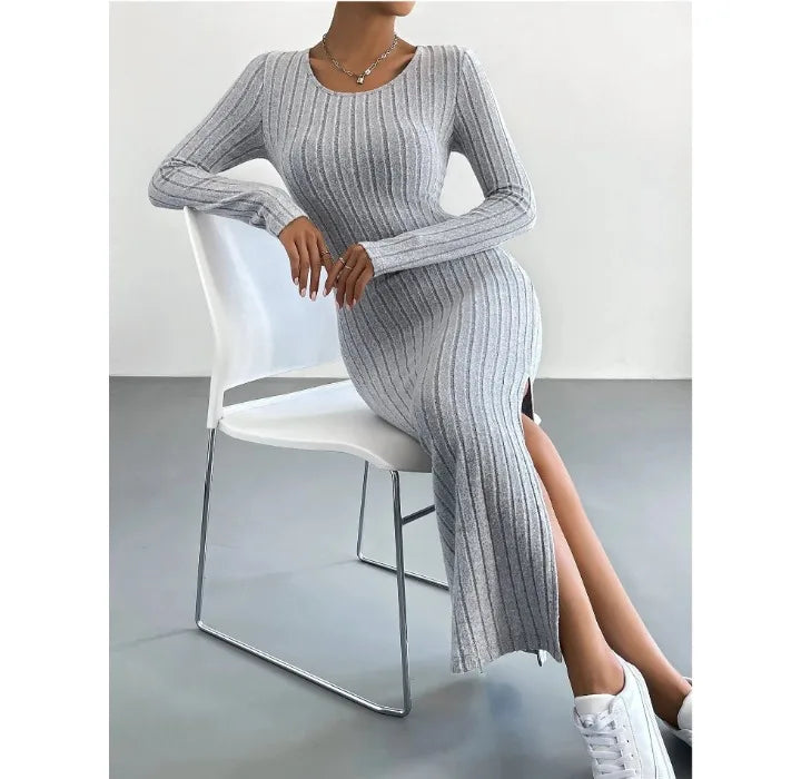 Damen Kleid 2025 - Casual Elegant Women Dresses Autumn Winter Long Sleeve Round Neck Split