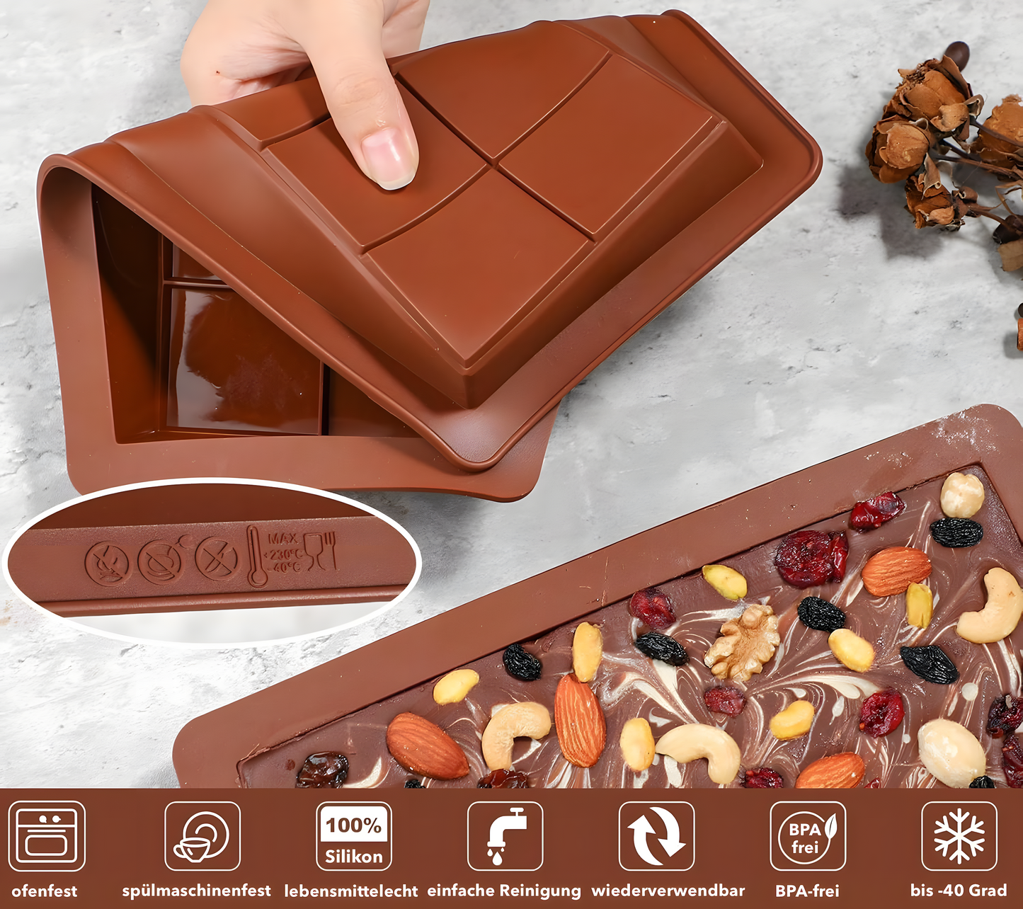 LebenSilikon Schokoladenform Antihaft Kapazität 2 Tafeln - Maße 20 cm