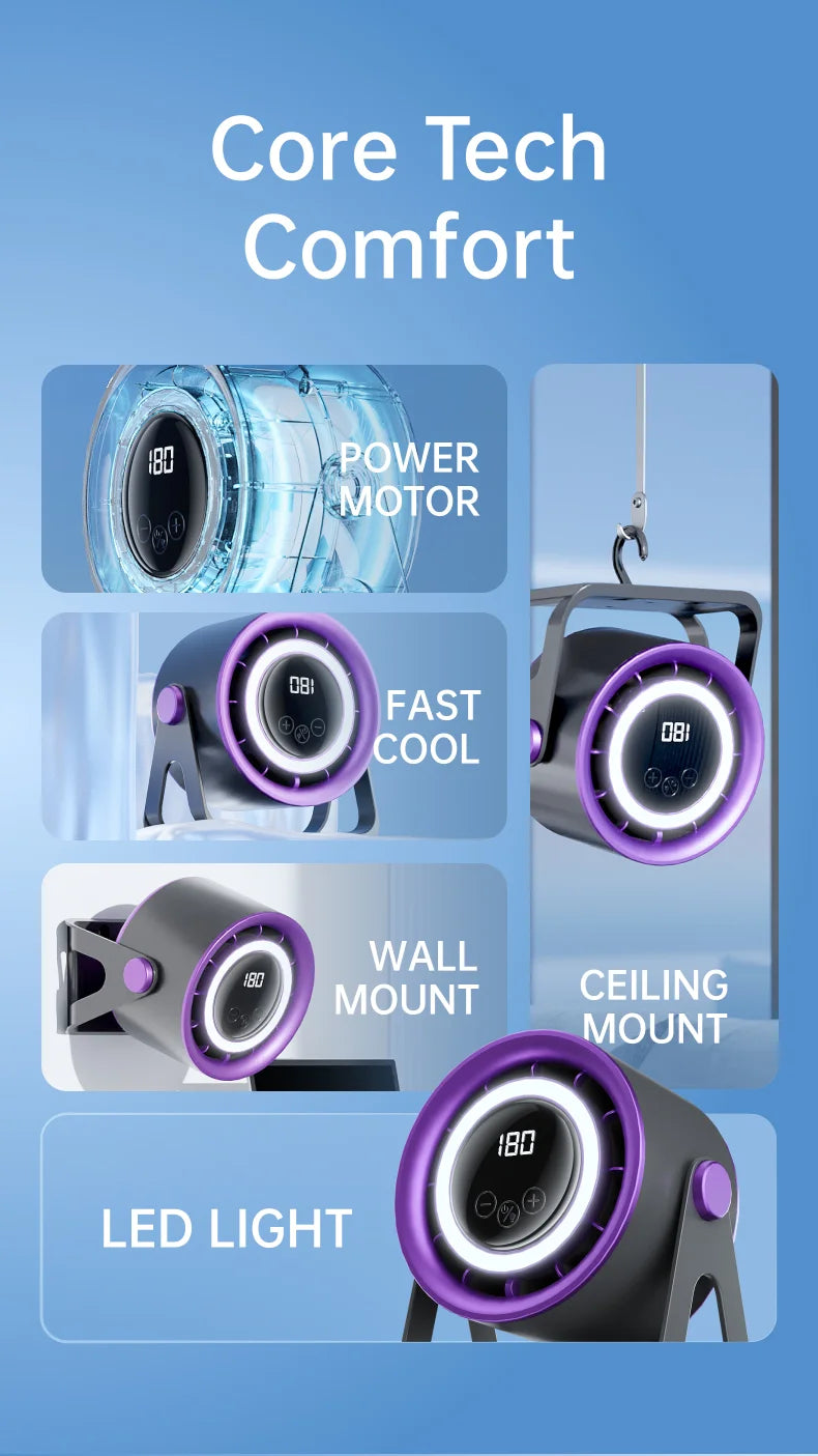 TINSOL 2500mAH Portable Electric Fan with Ambient Light Turbo Mute Electric Fan Desktop Wall Mount Ceiling Air Cooler