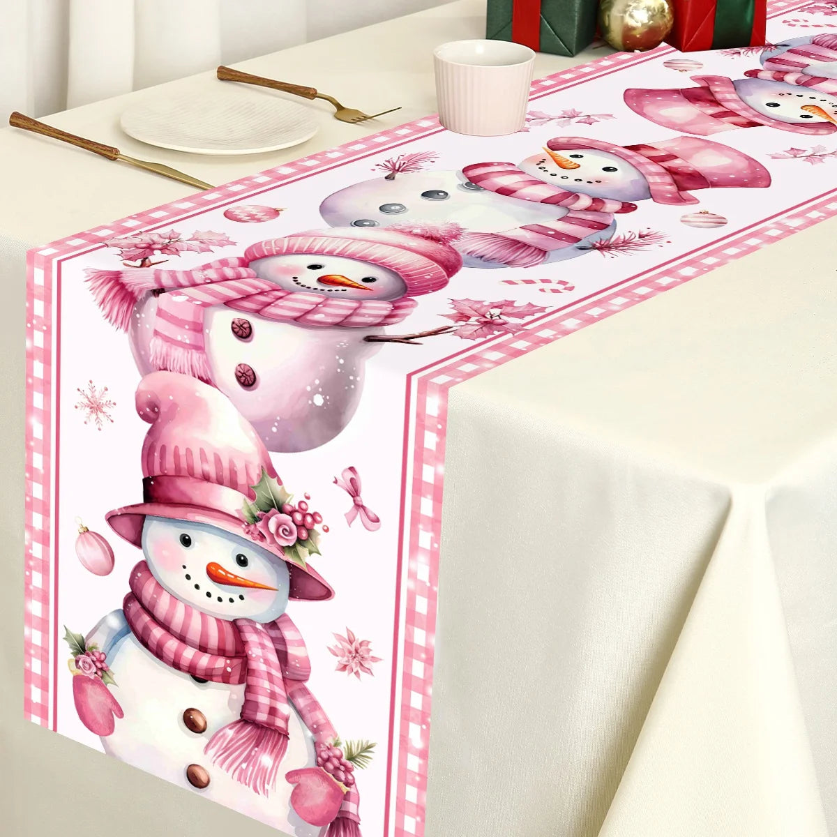 Pink Christmas Table Runner Snowman Santa Claus Merry Christmas Decorations For Home 2025 Navidad Noel Gift New year Tablecloth