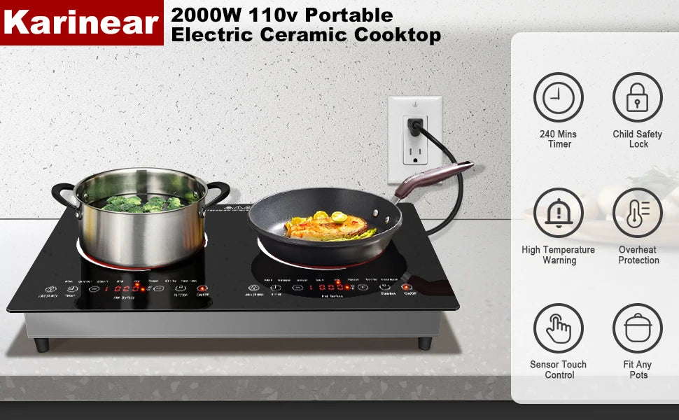 Elektro-Kochfeld 2025: Karinear 2 Burners Ceramic Electric 60x35 Countertop Built-in 110-120V 220-240V Collection