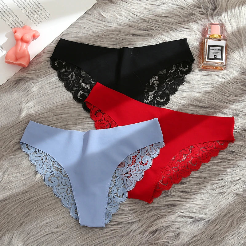 TrowBridge 3PCS Women's Panties Set Sweet Lace Underwear Soft Silk Satin Lingerie French Romantic Woman Briefs Female elegant Panty