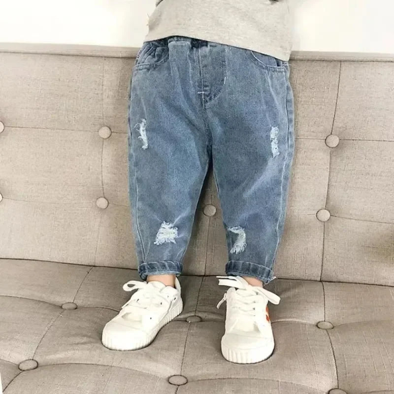 Children Jeans Spring Autumn Boys Girls Denim Ripped Jeans Korean Fashion Kids Trousers Toddler Casual Loose Pants