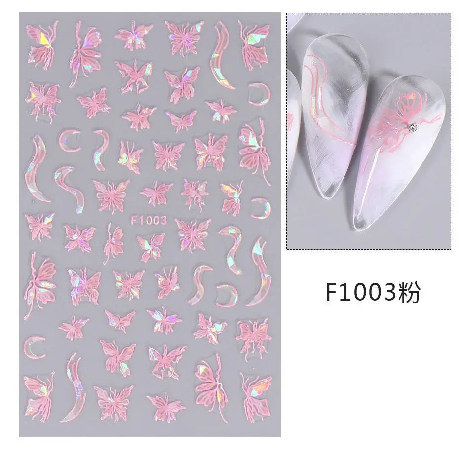 New Spring Fresh Flowers Butterfly 3D Nail Stickers Colorful Laser Butterflies Geometric Pattern Stickers Nail Decoration 1PCS