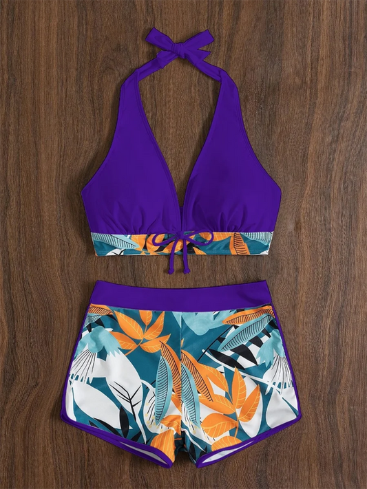 Halter Bikini Set High Waist Design Wire-Free Support Spandex Polyester Kurzer Schwimmanzug