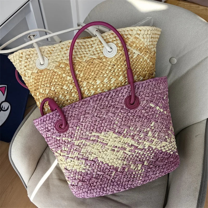 Summer Seaside Beach Bag Hand-woven Large Capacity Straw Tote Bag Gradient Color Design Women 's Travel  Vacation Shoulder Bag