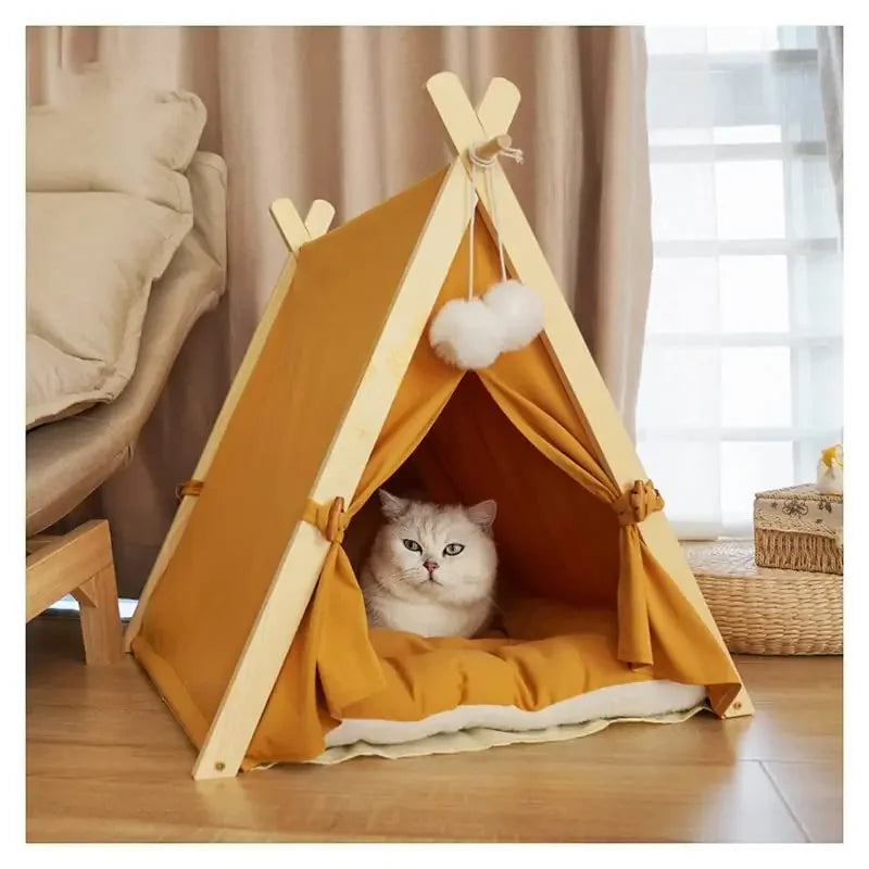 Pet Tent Nest Removable and Easy To Wash with Thick Soft and Comfortable Pad Warm Wooden Tent Bed Suitable for Cats and Dogs