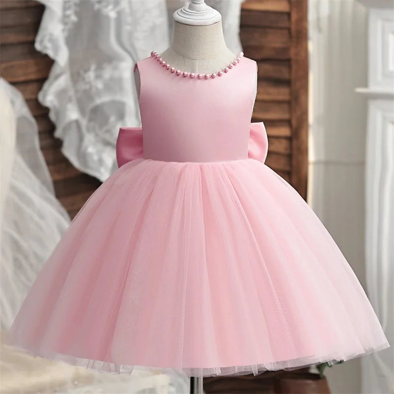 Baby Mädchen Kleid Große Schleife Perlen Rückenfrei 1. Geburtstag Party Kleid Säugling Mädchen Prinzessin Hochzeit Tüll Kleid Taufe Kleid 1-5J