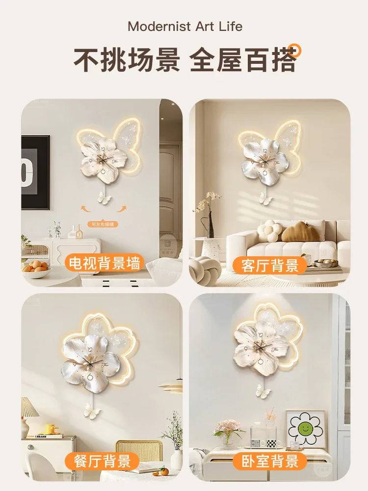 Cream Style Living Room Decoration with LED Light Wall Clock New Home Decor Creative Swinging Clock